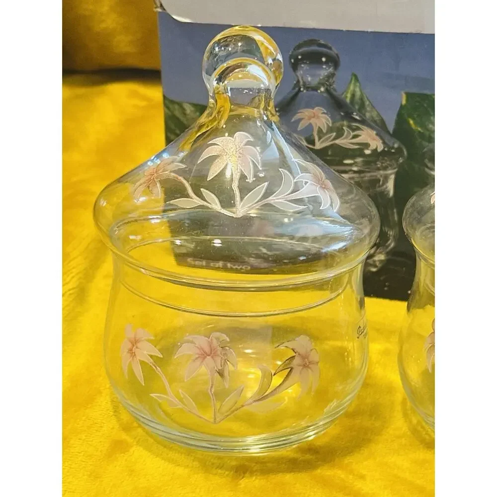 Stylesetter Pasabahce Turkey Set of 2 Glass Candy Dish Jar Lotus Flower Lid NIB